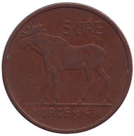 Монета 5 эре. 1958 год, Норвегия. Лось. Монета 5 эре. 1958 год, Норвегия. Лось.