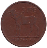 Лось. Монета 5 эре. 1958 год, Норвегия.