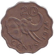 Монета 20 центов. 1974 год, Свазиленд. Слон. Монета 20 центов. 1974 год, Свазиленд. Слон.