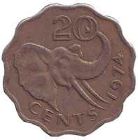 Слон. Монета 20 центов. 1974 год, Свазиленд. 