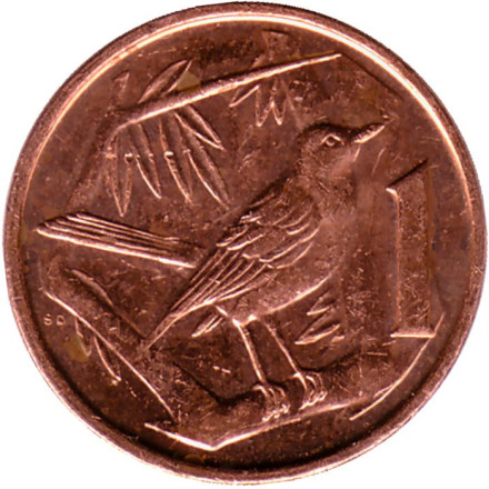 Монета 1 цент. 2017 год, Каймановы острова. Птица на ветке (дрозд).
