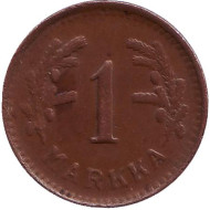 Монета 1 марка. 1951 год (медь), Финляндия.  Монета 1 марка. 1951 год (медь), Финляндия.
