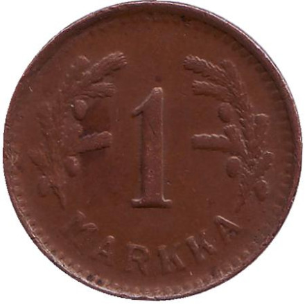 Монета 1 марка. 1951 год (медь), Финляндия. 