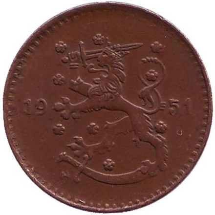 Монета 1 марка. 1951 год (медь), Финляндия. 