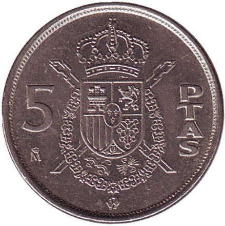 Монета 5 песет. 1989 год, Испания. "M"