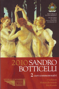 Монета 2 евро в буклете, 2010 год, Сан-Марино. 500 лет со дня смерти Сандро Боттичелли. Монета 2 евро в буклете, 2010 год, Сан-Марино. 500 лет со дня смерти Сандро Боттичелли.