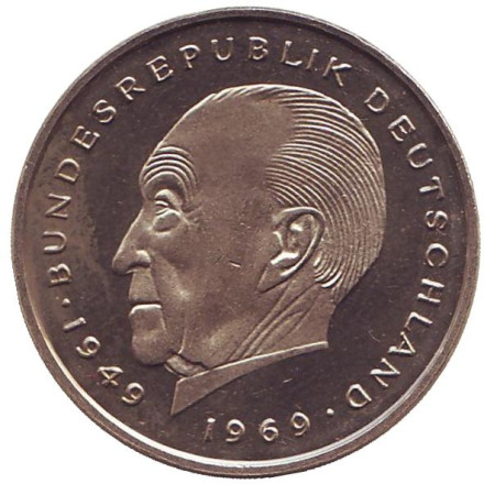 Монета 2 марки. 1977 год (J), ФРГ. UNC. Конрад Аденауэр.