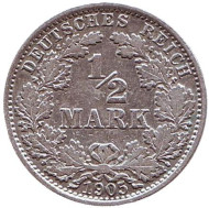 Монета 1/2 марки. 1905 год (A), Германская империя. Монета 1/2 марки. 1905 год (A), Германская империя.