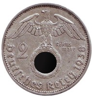 Монета 2 рейхсмарки. 1938 год, Германия (Третий Рейх). (J). Монета 2 рейхсмарки. 1938 год, Германия (Третий Рейх). (J).