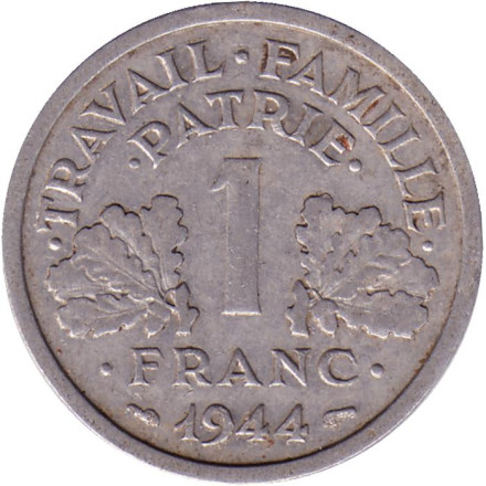 Монета 1 франк. 1944 год, Франция. Travail Famille Patrie. Литера B.