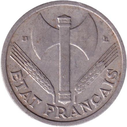 Монета 1 франк. 1944 год, Франция. Travail Famille Patrie. Литера B. Монета 1 франк. 1944 год, Франция. Travail Famille Patrie. Литера B.