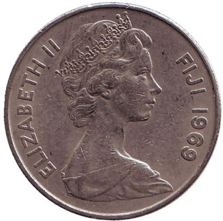 Монета 10 центов. 1969 год, Фиджи. Метательная дубинка - ула тава тава. Монета 10 центов. 1969 год, Фиджи. Метательная дубинка - ула тава тава.