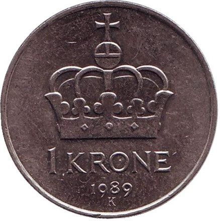 Монета 1 крона. 1989 год, Норвегия. Корона.