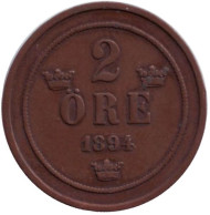 Монета 2 эре. 1894 год, Швеция. Монета 2 эре. 1894 год, Швеция.