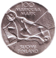 Монета 100 марок. 1989 год, Финляндия. Живопись Финляндии. Лось.