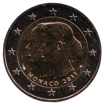Монета 2 евро. 2011 год, Монако. (Футляр) Свадьба Князя Монако Альбера II и Шарлин Уиттсток.
