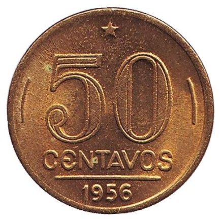 Монета 50 сентаво. 1956 год, Бразилия. Эурику Гаспар Дутра. Монета 50 сентаво. 1956 год, Бразилия. Эурику Гаспар Дутра.