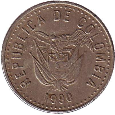 Монета 10 песо, 1990 год, Колумбия. Монета 10 песо, 1990 год, Колумбия.