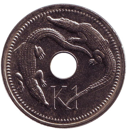 Монета 1 кина. 1996 год, Папуа-Новая Гвинея. Крокодилы.