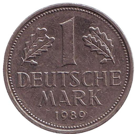 Монета 1 марка. 1989 год (D), ФРГ. Из обращения.