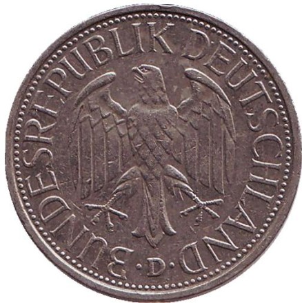 Монета 1 марка. 1989 год (D), ФРГ. Монета 1 марка. 1989 год (D), ФРГ.
