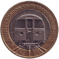 Монета 2 фунта. 2013 год, Великобритания. 150 лет Лондонскому метро. Поезд. Монета 2 фунта. 2013 год, Великобритания. 150 лет Лондонскому метро. Поезд.