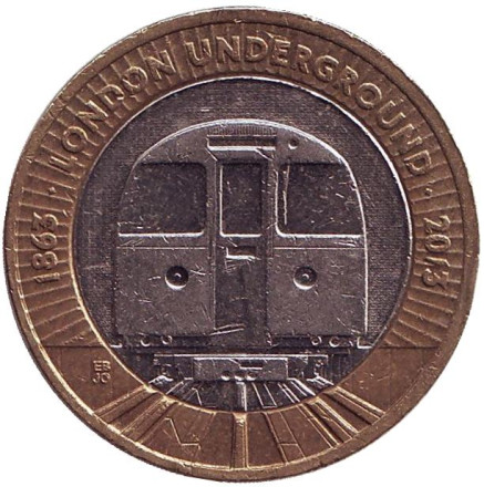 Монета 2 фунта. 2013 год, Великобритания. 150 лет Лондонскому метро. Поезд.