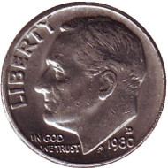 Монета 10 центов. 1980 (D) год, США. Рузвельт. Монета 10 центов. 1980 (D) год, США. Рузвельт.