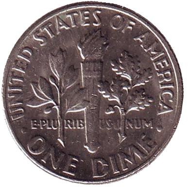 Монета 10 центов. 1980 (D) год, США. Рузвельт. Монета 10 центов. 1980 (D) год, США. Рузвельт.