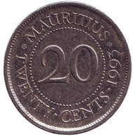 Монета 20 центов. 1993 год, Маврикий. Монета 20 центов. 1993 год, Маврикий.