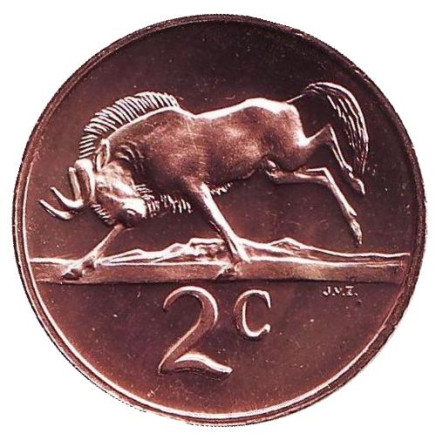 Монета 2 цента. 1971 год, Южная Африка. UNC. Белохвостый гну.