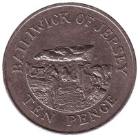 Дольмен. Монета 10 пенсов, 1987 год, Джерси.