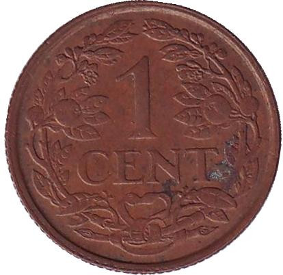 Монета 1 цент. 1968 год, Нидерландские Антильские острова. (Метки "Рыба" и "Звезда" слева от даты)