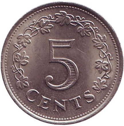 Монета 5 центов. 1977 год. Мальта. Ритуальный алтарь в храме Хагар Ким.