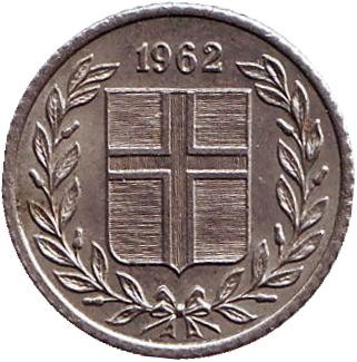 Монета 10 аураров. 1962 год, Исландия.