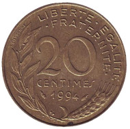 Монета 20 сантимов. 1994 год, Франция. (Рыбка). Монета 20 сантимов. 1994 год, Франция. (Рыбка).