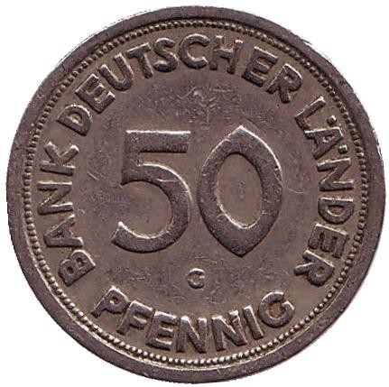 Монета 50 пфеннигов. 1949 (G) год, ФРГ. Женщина, сажающая дуб. Монета 50 пфеннигов. 1949 (G) год, ФРГ. Женщина, сажающая дуб.