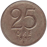 Монета 25 эре. 1949 год, Швеция. Монета 25 эре. 1949 год, Швеция.