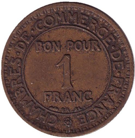 Монета 1 франк. 1922 год, Франция.