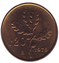 Монета 20 лир. 1978 год, Италия. Дубовая ветвь. Монета 20 лир. 1978 год, Италия. Дубовая ветвь.