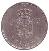 Монета 1 крона. 1973 год, Дания. Монета 1 крона. 1973 год, Дания.