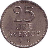 Монета 25 эре. 1970 год, Швеция. Монета 25 эре. 1970 год, Швеция.