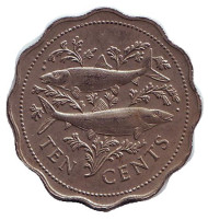 Монета 10 центов, 1975 год, Багамские острова. Рыбы. Монета 10 центов, 1975 год, Багамские острова. Рыбы.