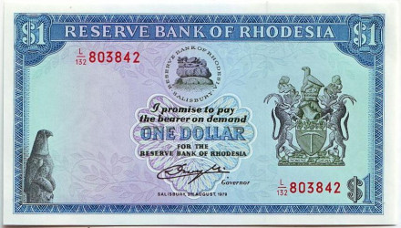 Банкнота 1 доллар. 1979 год, Родезия.