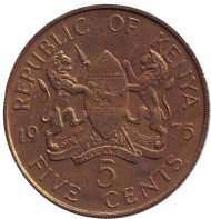 Монета 5 центов. 1975 год, Кения. Монета 5 центов. 1975 год, Кения.