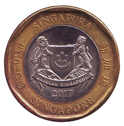 Монета 1 доллар. 2017 год, Сингапур. Мерлион. Монета 1 доллар. 2017 год, Сингапур. Мерлион.