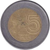 Монета 5 новых солей. 2005 год, Перу. Монета 5 новых солей. 2005 год, Перу.