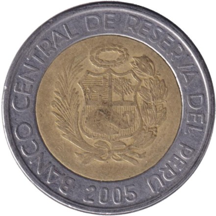 Монета 5 новых солей. 2005 год, Перу.
