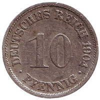 Монета 10 пфеннигов. 1904 год (F), Германская империя.