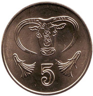 Монета 5 центов. 2004 год, Кипр. UNC Бык.